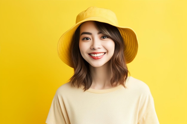 Asian woman wearing tshirt with yellow hat smiling on yellow background