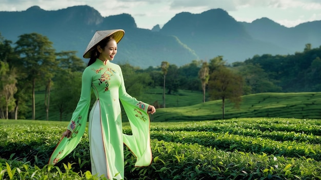Photo asian woman wearing vietnam culture traditional in green tea field on doi ang khang chiang mai t