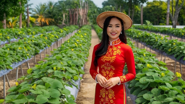 Photo asian woman wearing vietnam culture traditional in strawberry garden on doi ang khang chiang mai