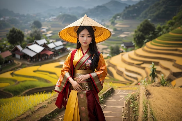 Asian woman wearing Vietnam culture traditional