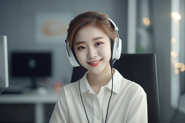 Asian woman wearing a white headphones with a white collar