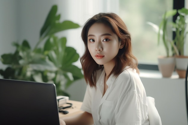 Азиатка в белой рубашке работает с ноутбуком