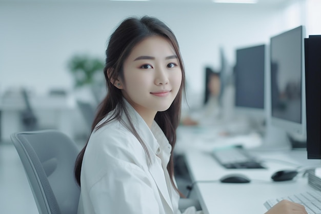 Asian woman wearing white shirt in workspace