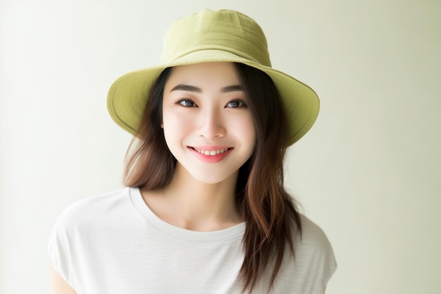 Asian woman wearing white tshirt and green hat smiling on white background