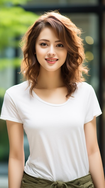 白いTシャツを着たアジア人女性が昧な背景で微笑んでいる