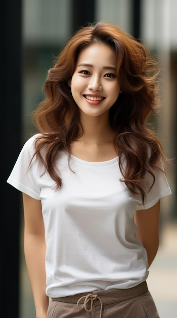 Asian woman wearing white tshirt smiling on blurred background