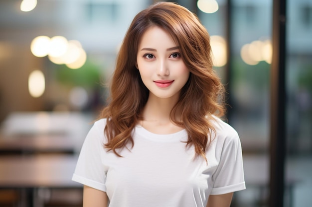 白いTシャツを着たアジア人女性が昧な背景で微笑んでいる