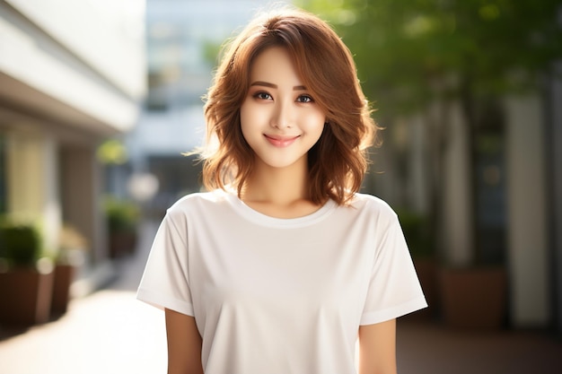 Азиатка в белой футболке улыбается на размытом фоне
