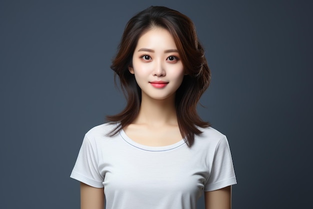 白いTシャツを着たアジア人女性が灰色の背景で微笑んでいる
