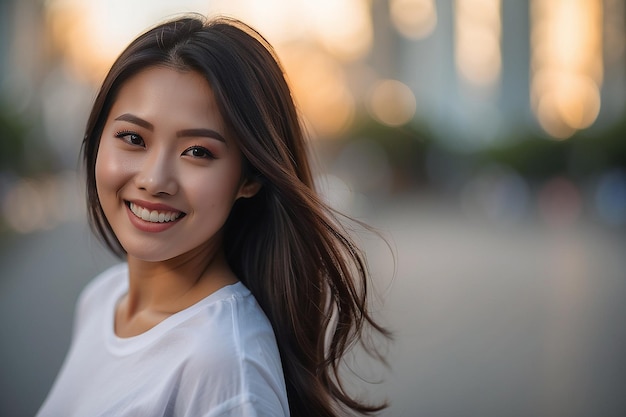 写真 白いtシャツを着たアジア人女性が昧な背景で微笑んでいる