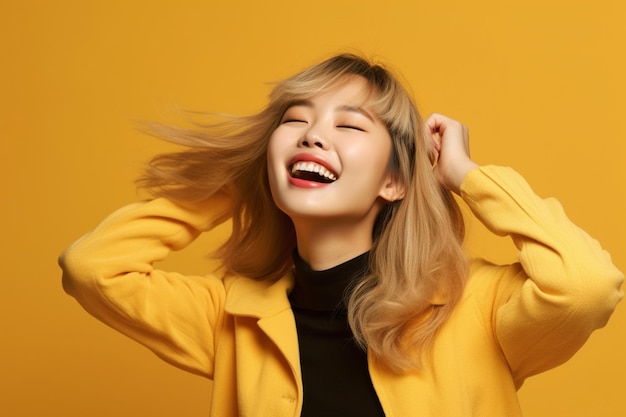 Asian woman wearing yellow jacket laughing on yellow background