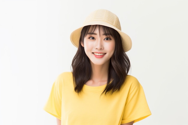 Asian woman wearing yellow tshirt and hat smiling on white background