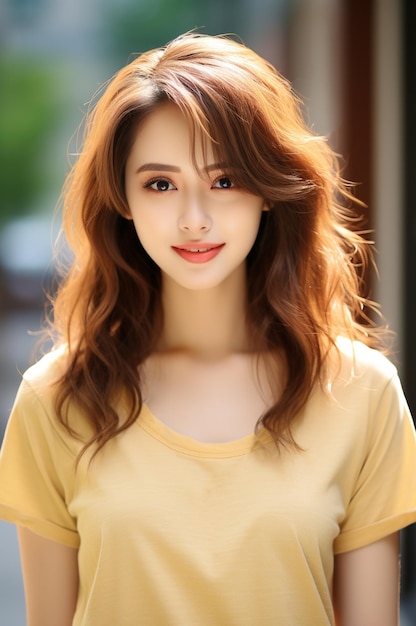 Asian woman wearing yellow tshirt smiling on blurred background