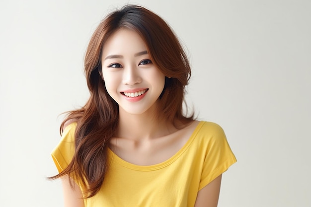 Asian woman wearing yellow tshirt smiling on white background