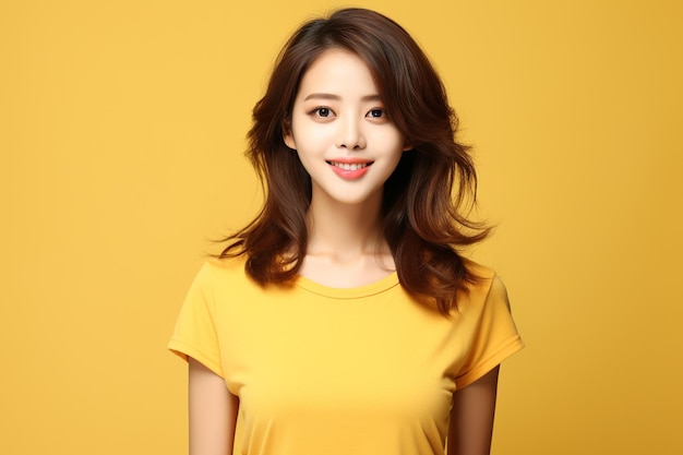 Азиатка в желтой футболке улыбается на желтом фоне