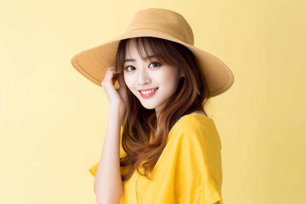 Asian woman wearing yellow tshirt with hat smiling on yellow background