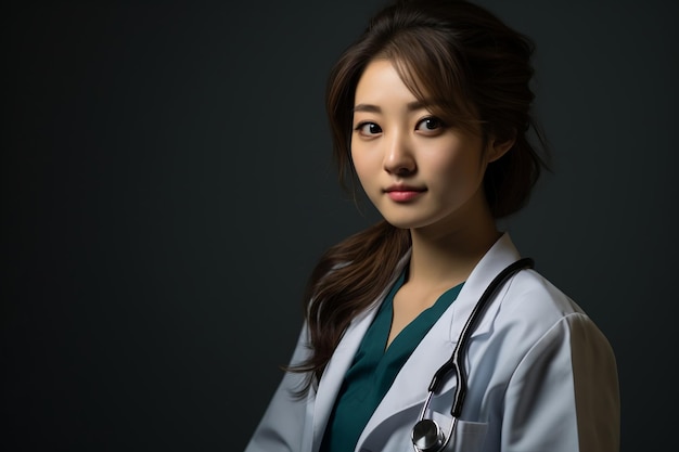 an asian woman in a white coat and stethoscope