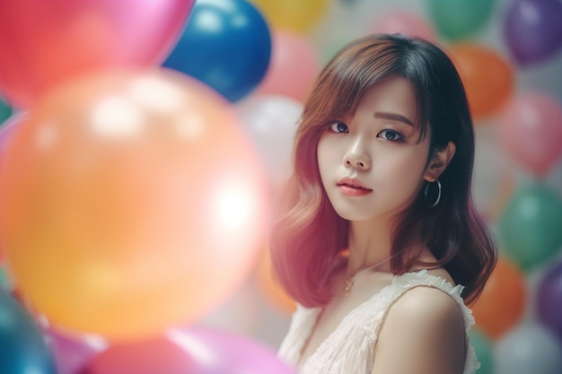 Asian woman in a white dress stands among balloons