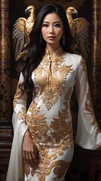 Asian Woman in White and Golden Kebaya