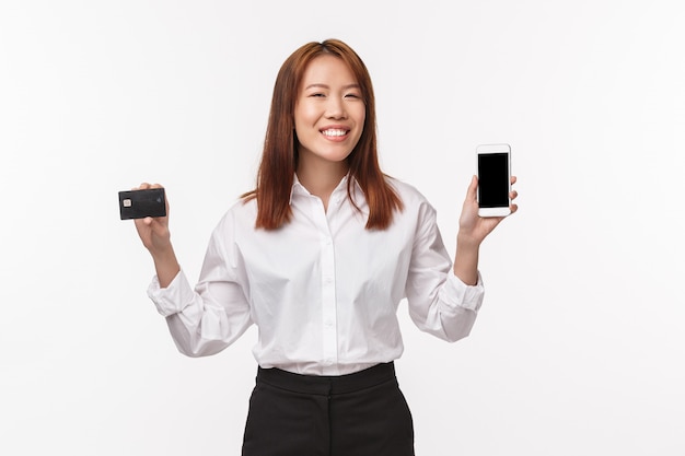 Asian woman in white shirt on white