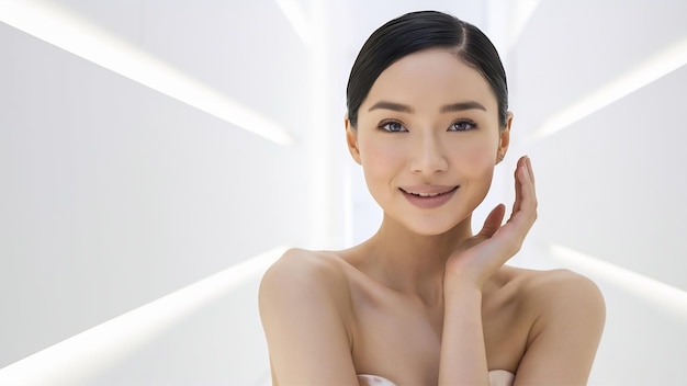 Asian woman with a beautiful face and fresh skin looking at the camera on white isolated background