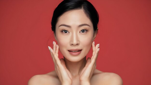 Photo asian woman with a beautiful face and fresh skin looking at the camera on white isolated background