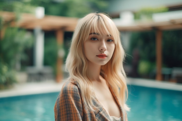 Asian woman with blonde hair standing by the pool