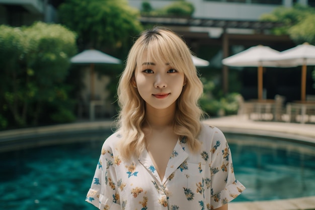 Asian woman with blonde hair wearing floral dress