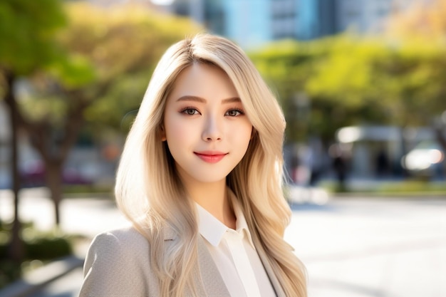 Asian woman with blonde hair and white shirt standing on city street