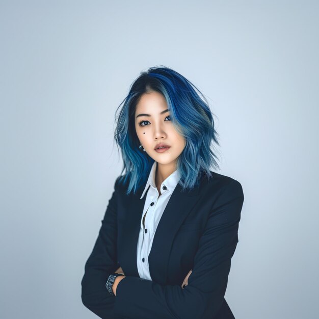 Asian Woman With Blue Hair Standing With Arms Crossed