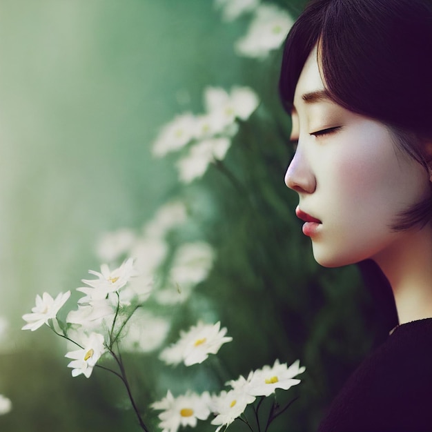 Asian woman with closed eyes and flowers in background 3d rendering