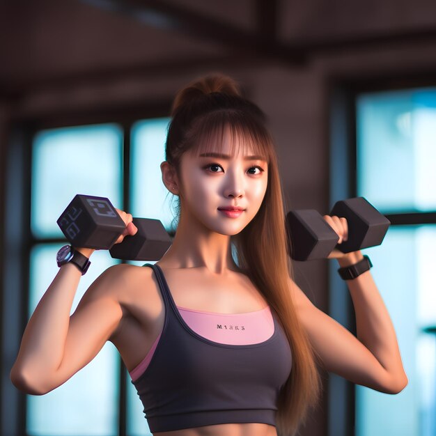Asian woman with dumbbells
