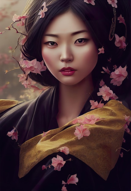 Asian woman with flowers concept art illustration