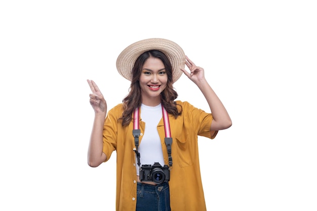 Asian woman with a hat and camera pointing at something