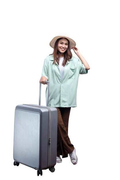 Asian woman with a hat and suitcase