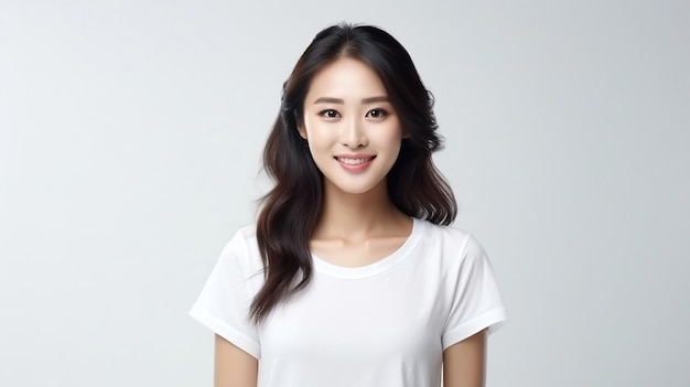 An Asian woman with long brown hair and a white shirt