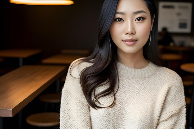 An Asian woman with long hair in a white sweater is sitting in the dining room