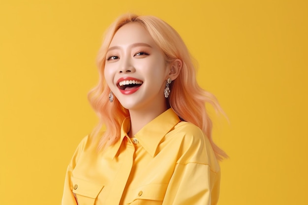 Asian woman with pink hair and shirt on a yellow background