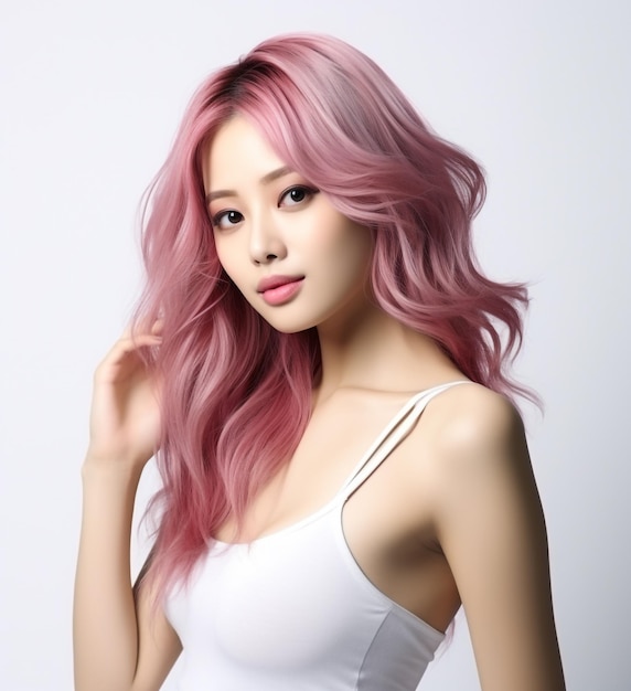 an asian woman with pink hair on a white background