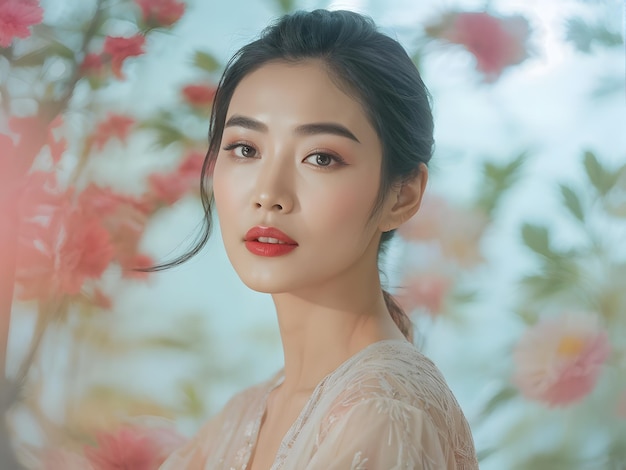 a asian woman with a red lipstick and a dress