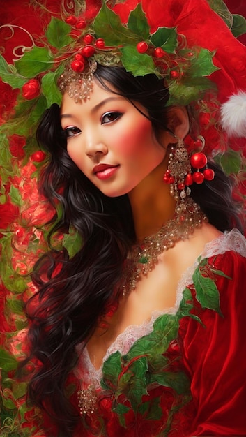 크리스마스 배경에 산타클로스 모자를 입은 아시아 여성 세부적이고 축제적인 빨간색과 초록색
