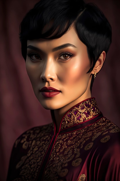 Asian woman with short black hair wearing maroon clothes