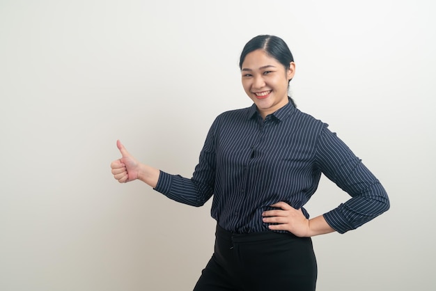 Asian woman with thumb up white background