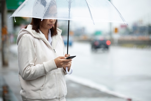 雨の中で傘を持つアジアの女性