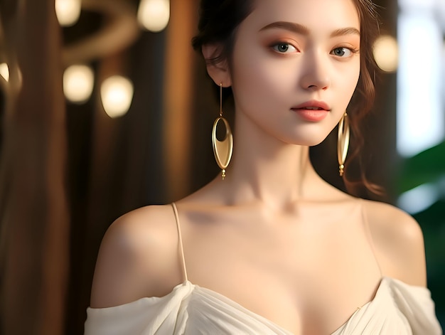 Photo a asian woman with a white dress and a gold hoop earrings