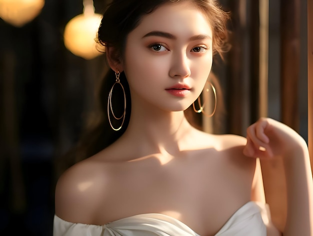 A asian woman with a white dress and a gold hoop earrings