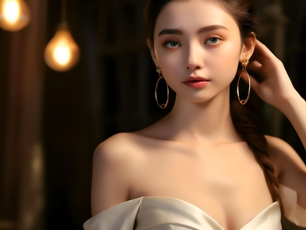 A asian woman with a white dress and a gold hoop earrings