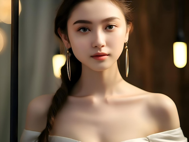 A asian woman with a white dress and a gold hoop earrings