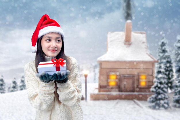 冬の手袋と雪原に白いギフトボックスを保持しているサンタの帽子を持つアジアの女性