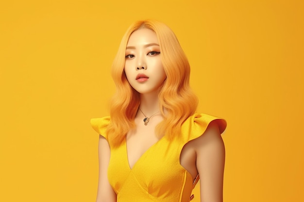 Asian woman with yellow hair and shirt on a yellow background